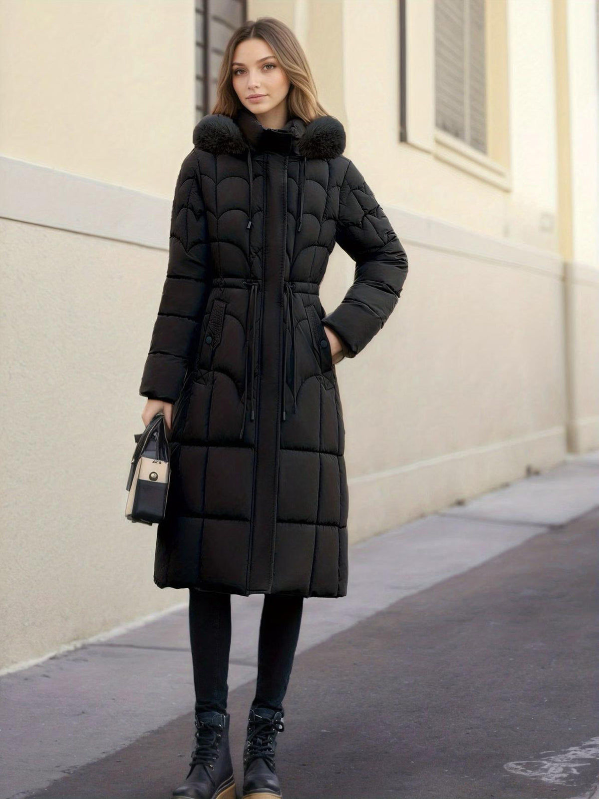 A woman wearing a long black quilted puffer coat with a large dark fur-trimmed hood, standing on a sidewalk next to a beige building wall.
