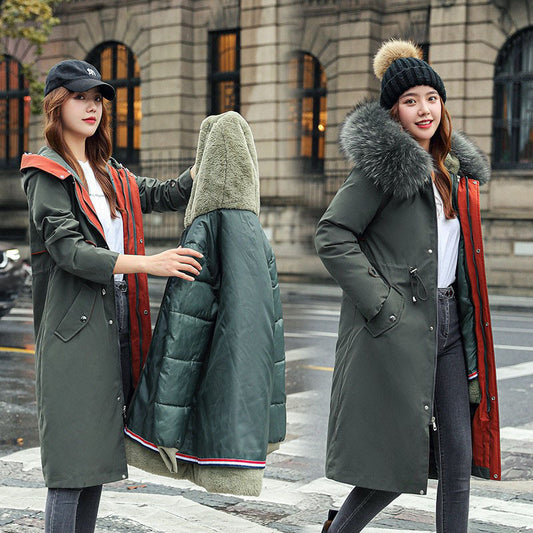 Two views of a woman wearing a long green coat with a fur-lined hood in an urban setting.