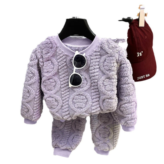 Children's purple outfit with matching hat on a white background