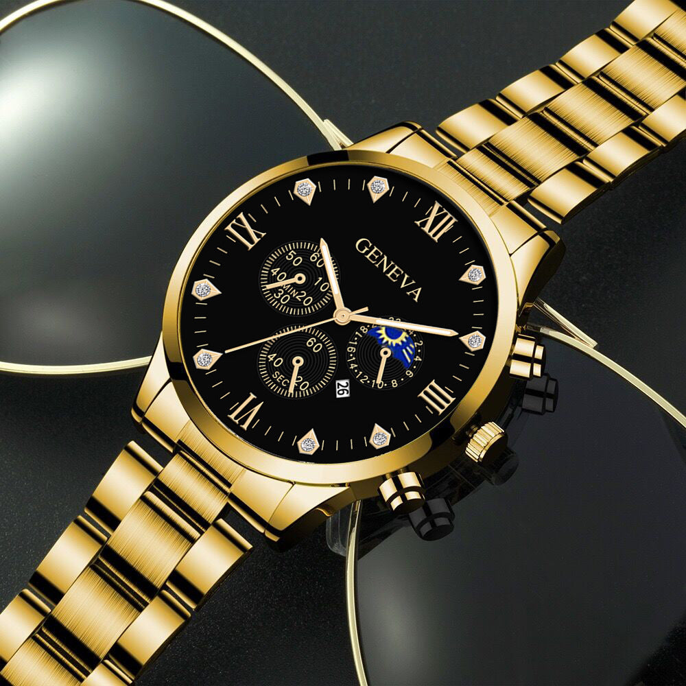 Fashion Business Men's Steel Watch - Gold Bracelet Set