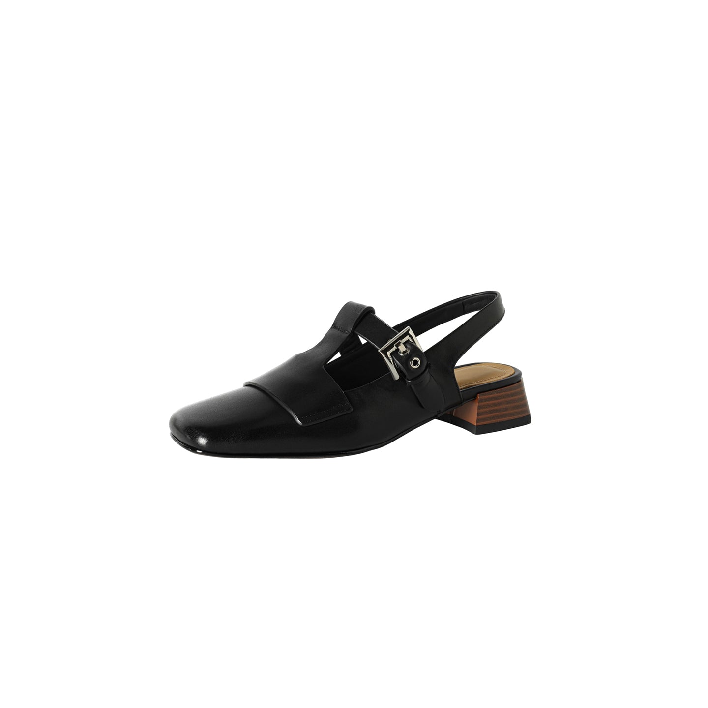 Black sandal with a wooden sole on a white background