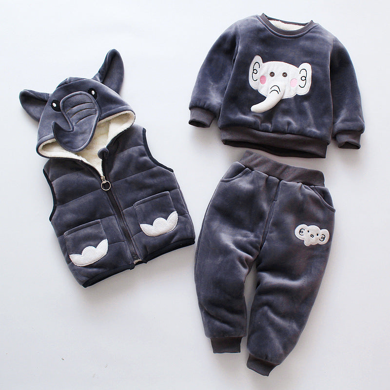Children's clothing set with a dark gray vest, sweatshirt, and pants featuring elephant designs on a white background.