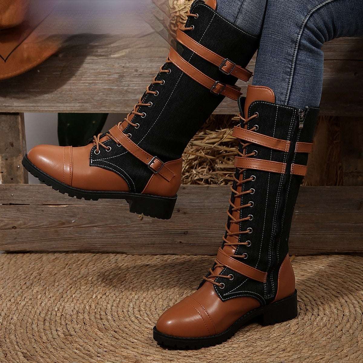 Rivet Belt Buckle Mid-Calf Boots - Women's Square Heel Round Toe Boots