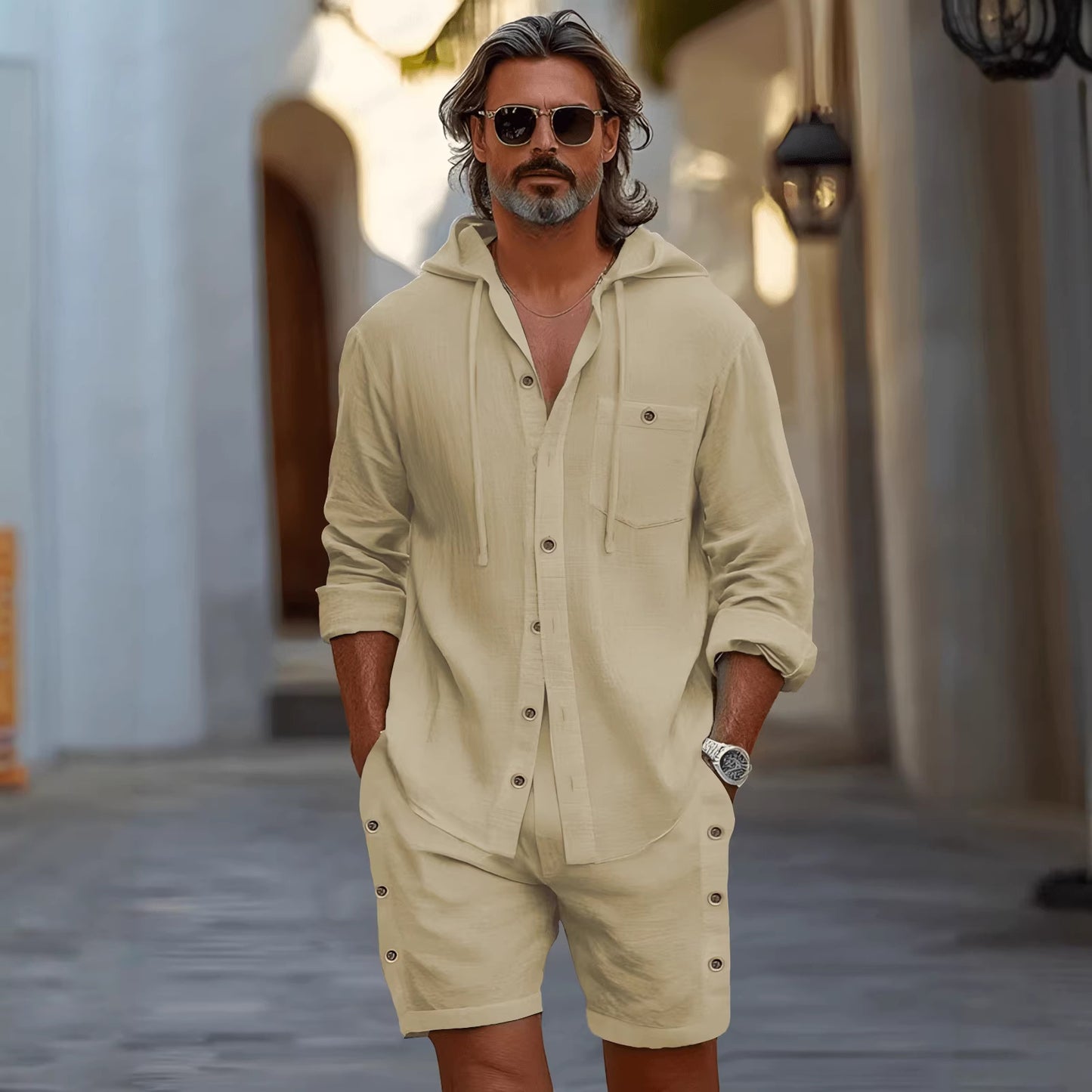 Man wearing a beige outfit with sunglasses in an outdoor setting