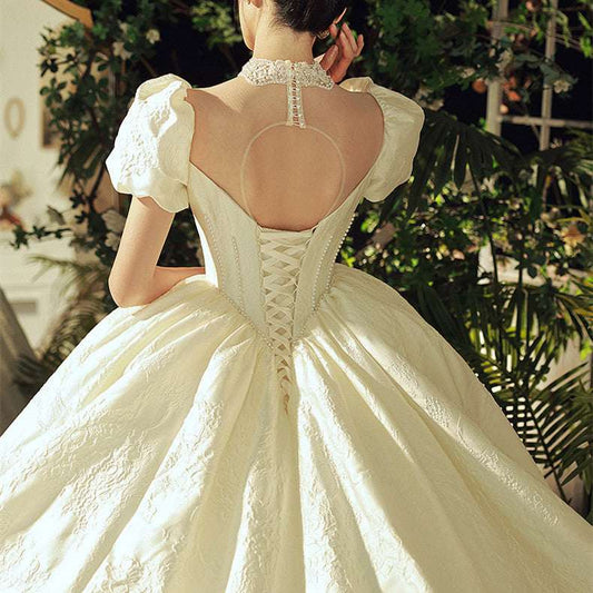 Vintage French Satin Strap Wedding Dress | Floor-Length & Trailing | S–2XL