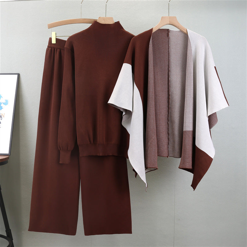Women's Autumn Knitted Three-Piece Set - Adult European Fashion Shawl & Wide Leg Pants