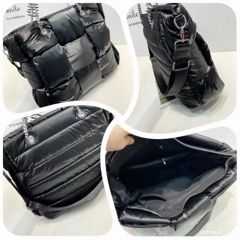Black quilted handbag with chain strap shown from multiple angles on a white background.