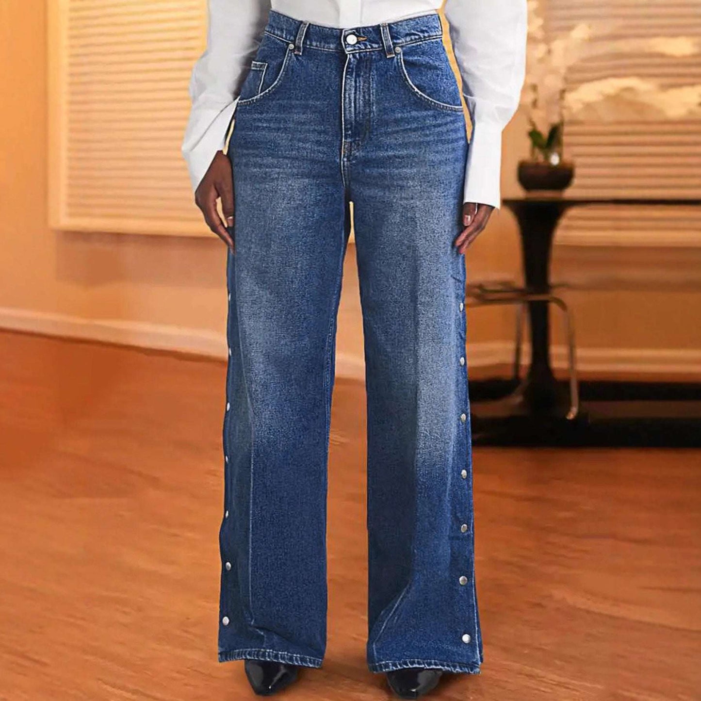 Women's Heart-Shaped Rivet Denim Pants | Dark Blue | S–XL