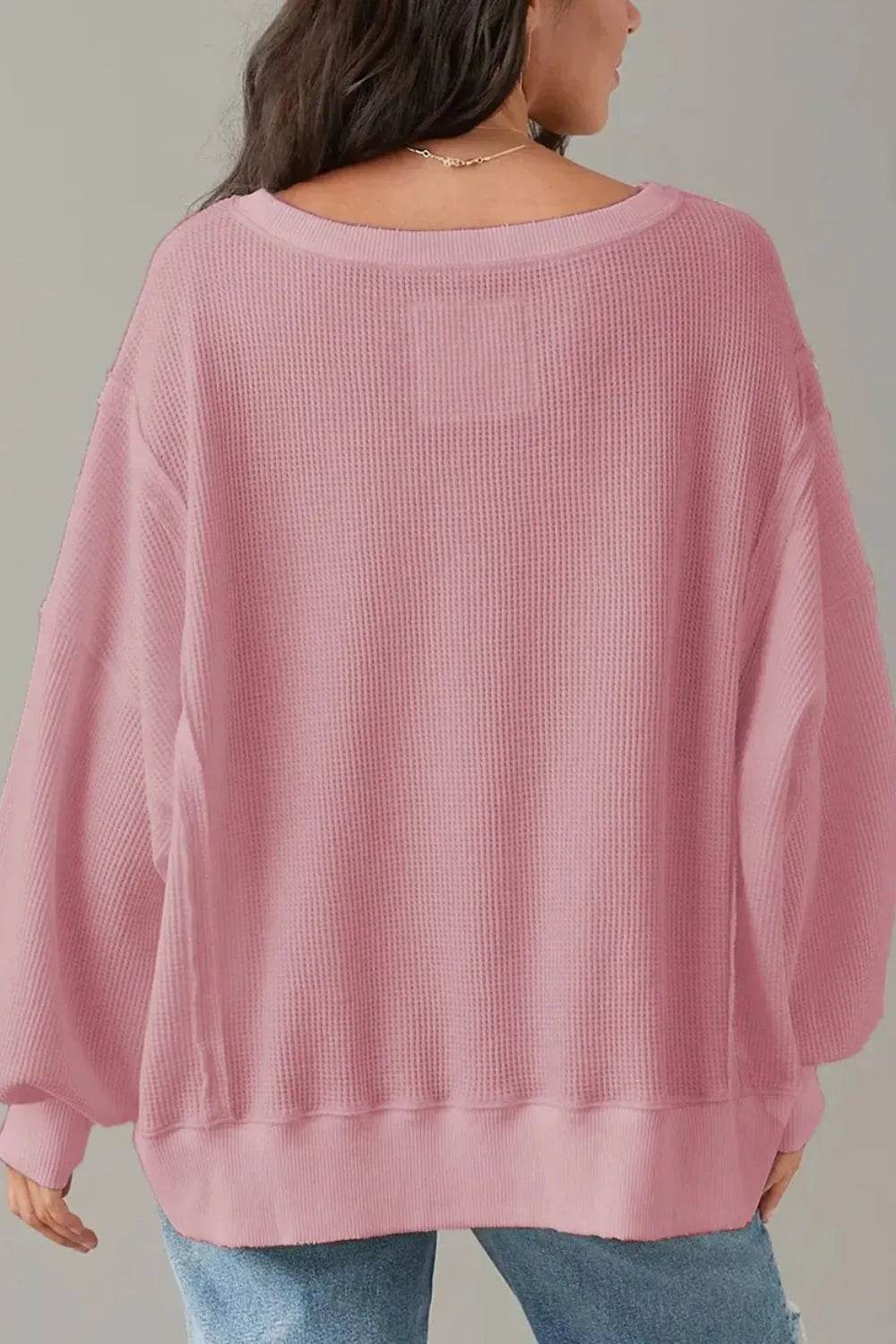 Slit Waffle-Knit Round Neck Long Sleeve Top - Millivan supplies 