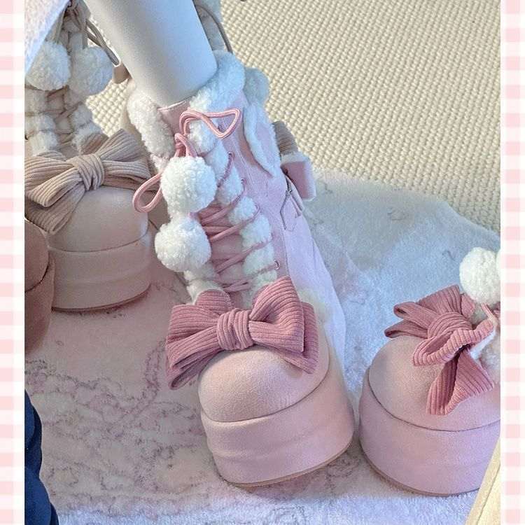 Autumn And Winter New Thick Bottom Sweet Soft Girl Cute Fur Ball Boots