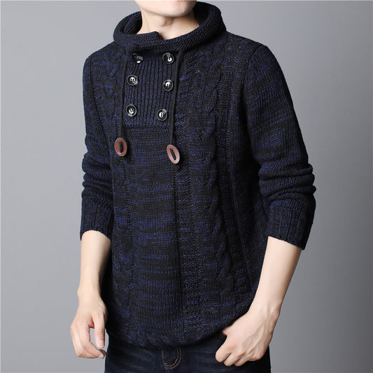 Navy blue knitted jacket with wooden buttons on a gray background
