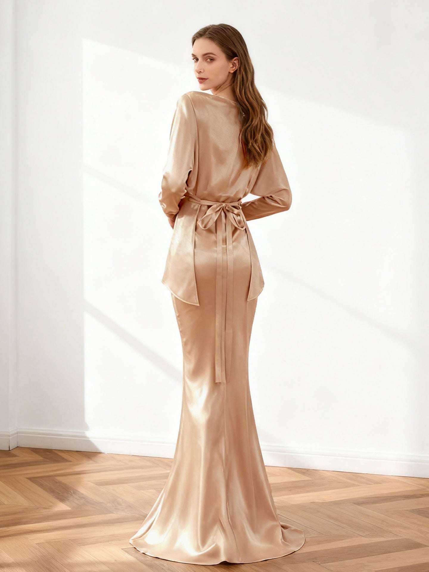 Women's Satin Princess-Sleeve Top & Fishtail Midi Skirt Two-Piece Set | Champagne | S–2XL