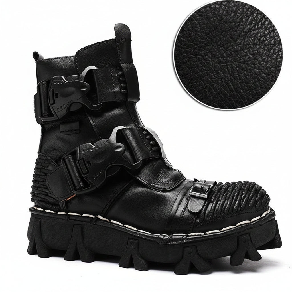 Black leather boot with buckle details on a white background