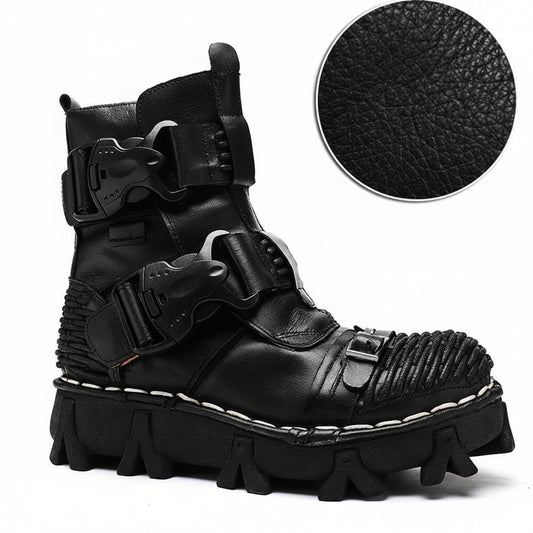 Black leather boot with buckle details on a white background
