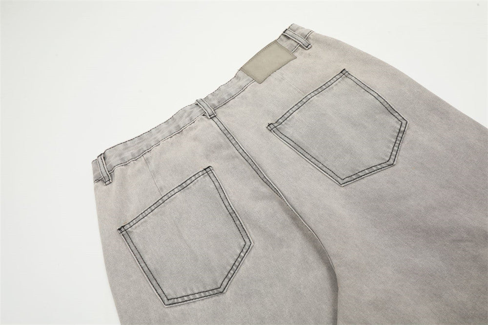 Men's Graffiti Print Loose Straight-Leg Denim Trousers | Light Gray | S–2XL