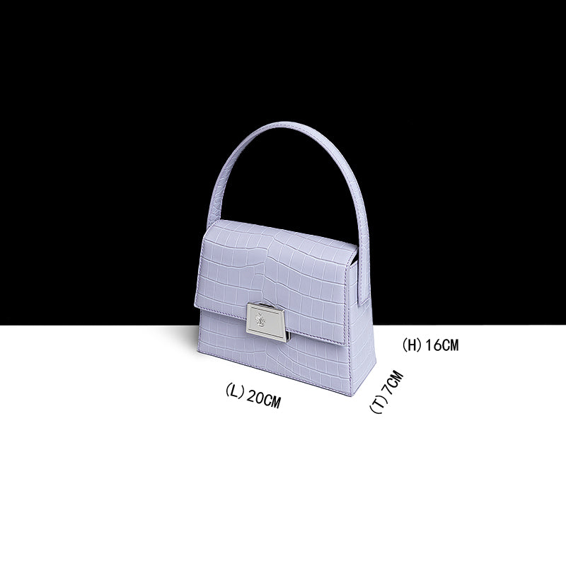 Light purple handbag with measurements on a white background