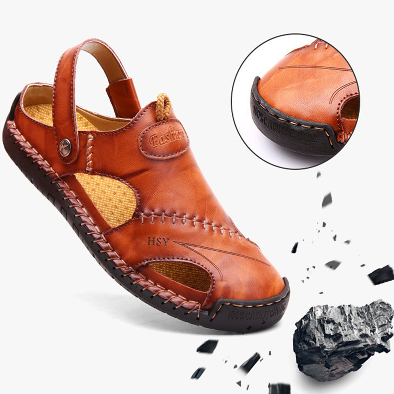 Brown sandal with a close-up of the sole on a white background