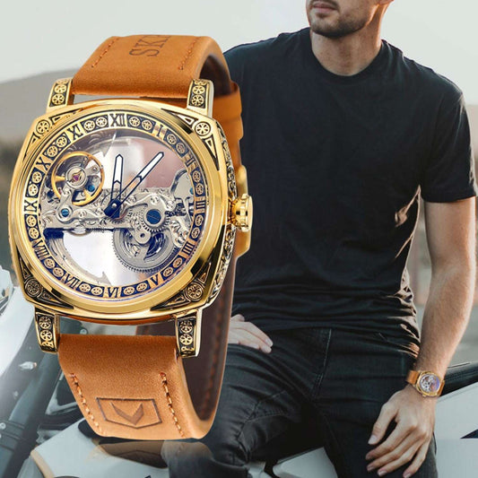Men's Vintage Automatic Mechanical Watch – See-Through Case Back 42mm Genuine Cowhide Leather Strap | Gold Shell