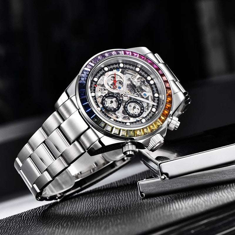Men's Transparent Dial Mechanical Watch – Sapphire Crystal 40mm Stainless Steel | Colored & Silver Black | Steel Strip & Tape