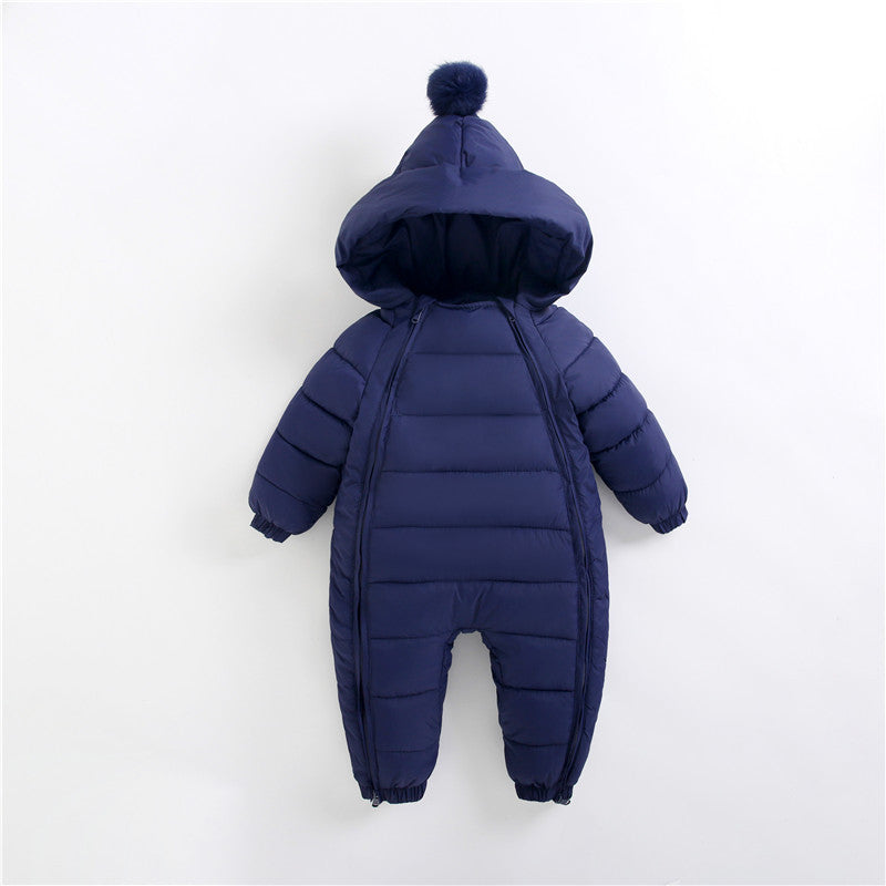 Navy blue baby snowsuit with hood on a white background