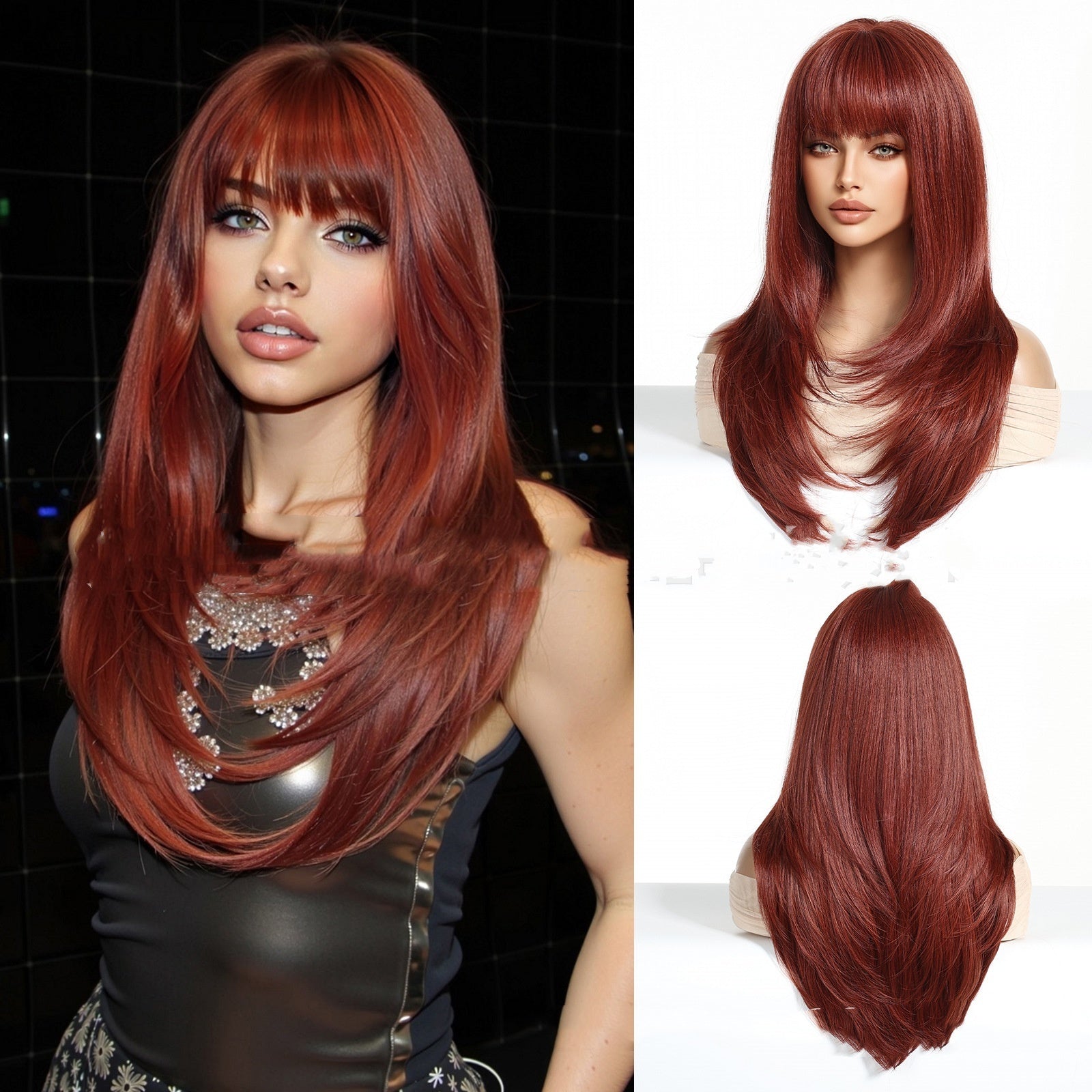 Red wig worn by a model on the left, with close-up views of the wig on the right.