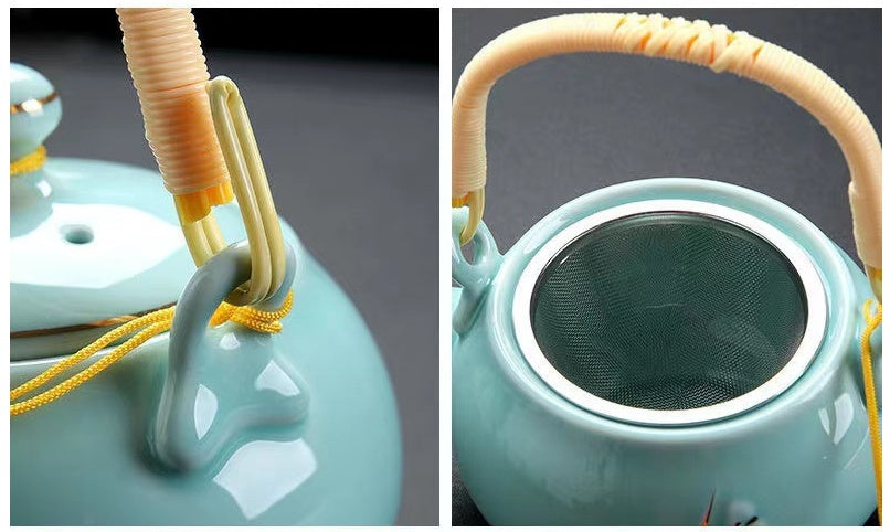 Simple Hand-painted Gold Large Teapot Ceramic - Kung Fu Tea Set Porcelain with Bamboo Tray