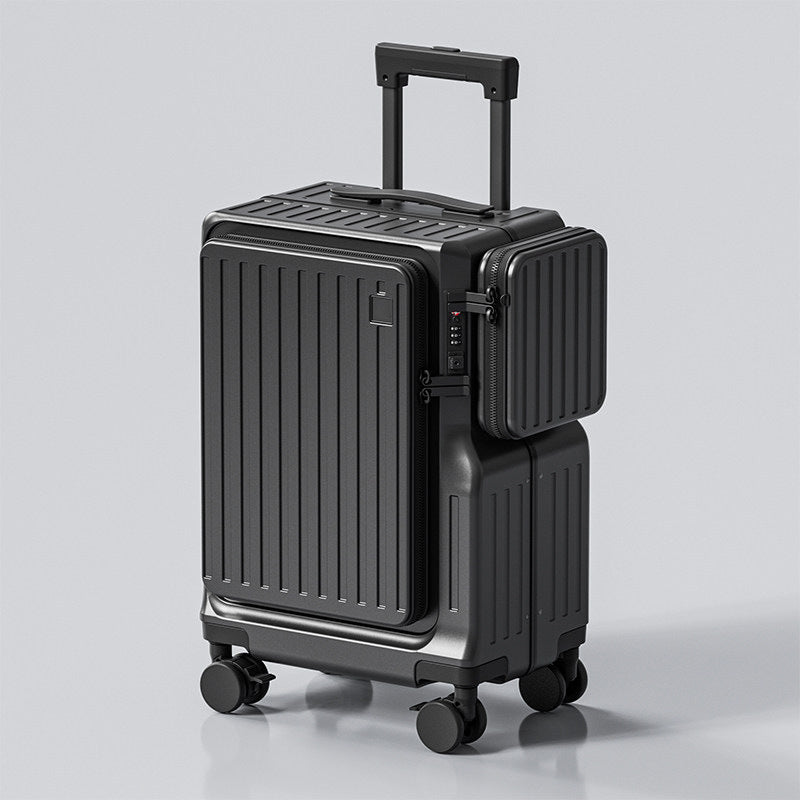 Black suitcase with wheels on a light gray background