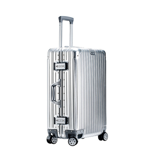 Silver suitcase with wheels and handle on a white background