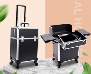Black and silver rolling suitcase with open compartment on a marble surface.