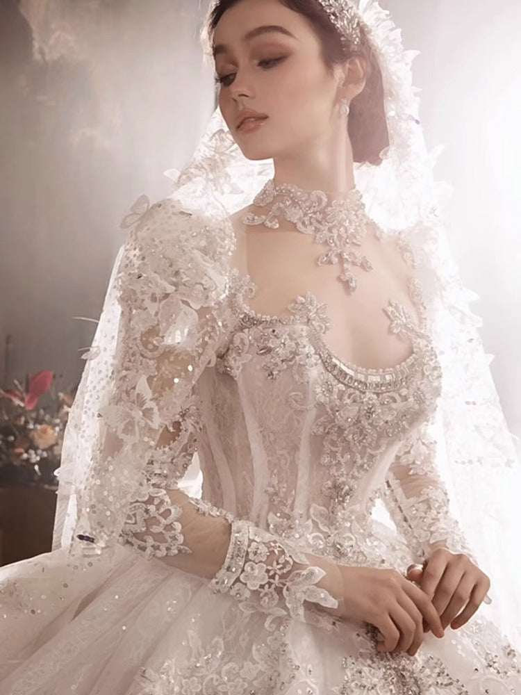 Women's European Royal Court Princess Wedding Dress – Heavy Lace Sequin Gown with Princess Sleeves | Floor-Length & Trailing | XS–XXL
