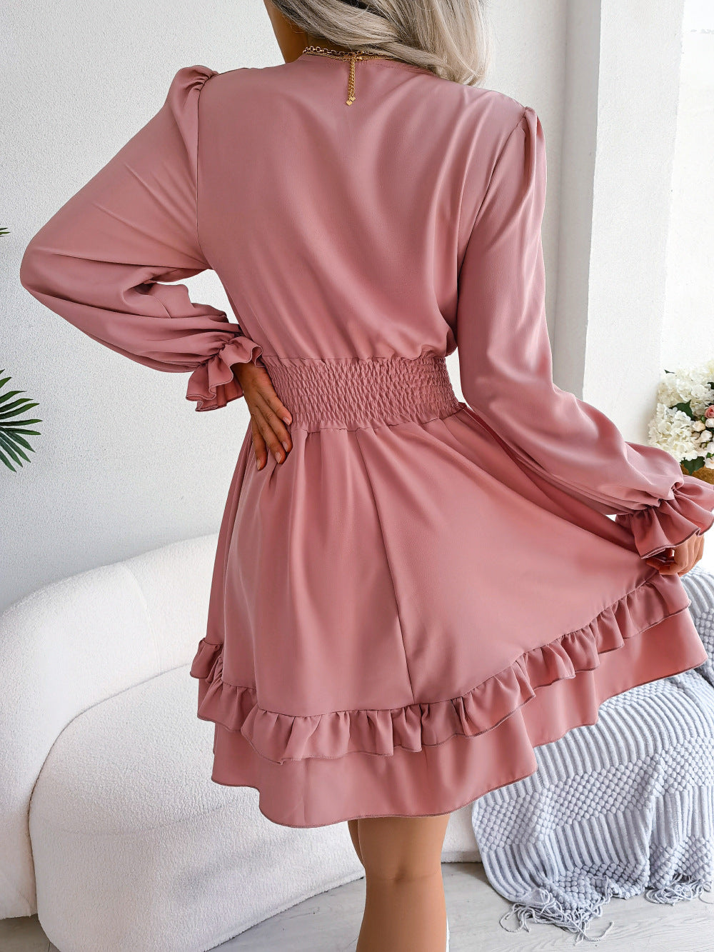 Women's V-Neck A-Line Summer Beach Dress - Long Sleeve
