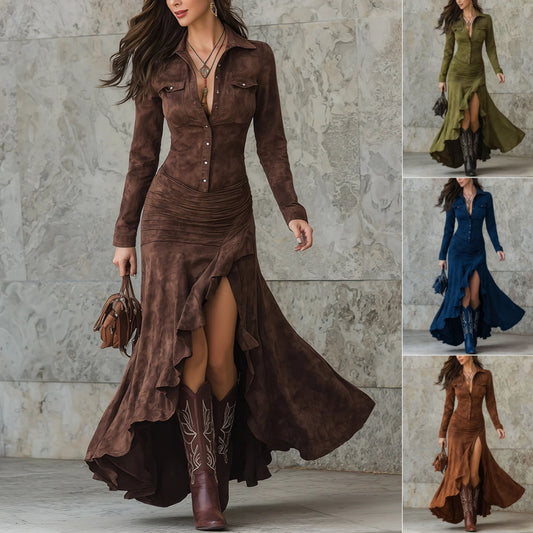 A woman models a long brown faux-suede western-style dress with a high-low ruffled hem and front button closure, shown against a stone wall. The main panel shows one brown color, while the right side shows three smaller panels of the same dress in olive green, blue, and brown.