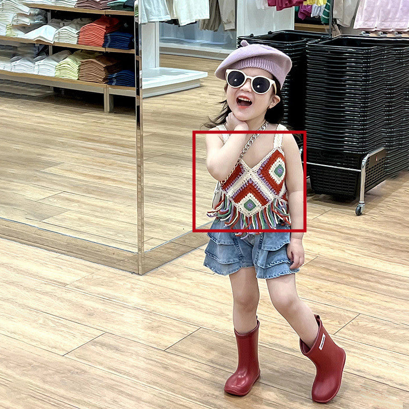 Girls' Hollow Knitted Short Tassel Camisole National Style Top Thin Cake Shorts Two-piece Set