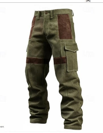 Olive green cargo pants with brown suede-like patch panels on the thighs and pockets, shown against a plain white background.