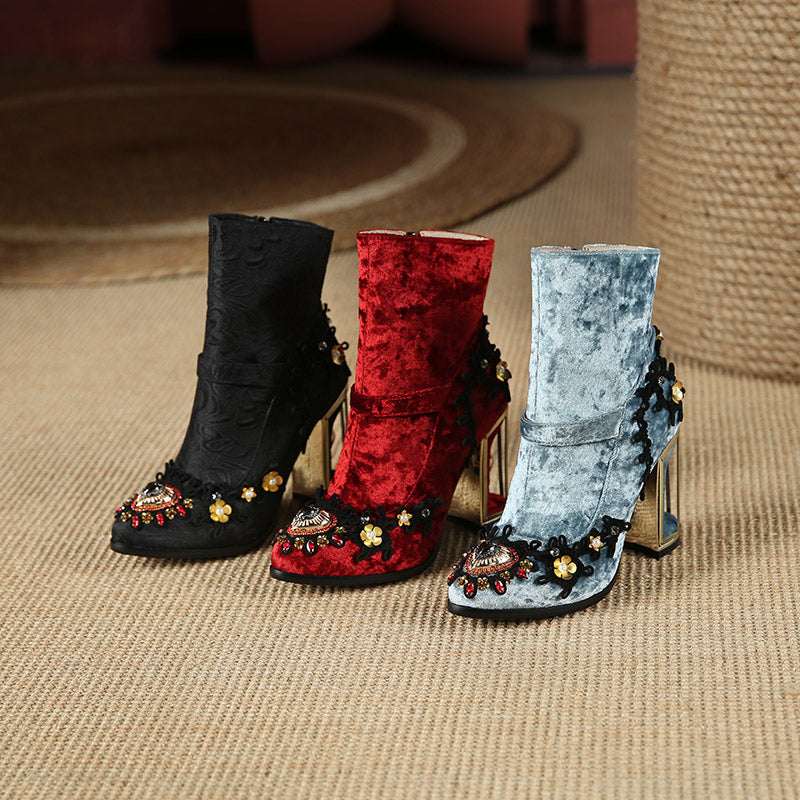 Women's Beaded Embroidery Mid-Tube Boots – High Heel Side Zipper Fashion Boots