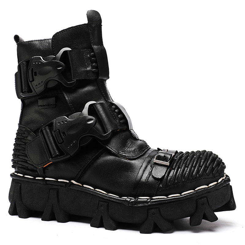 Black high-top boot with unique design on a white background