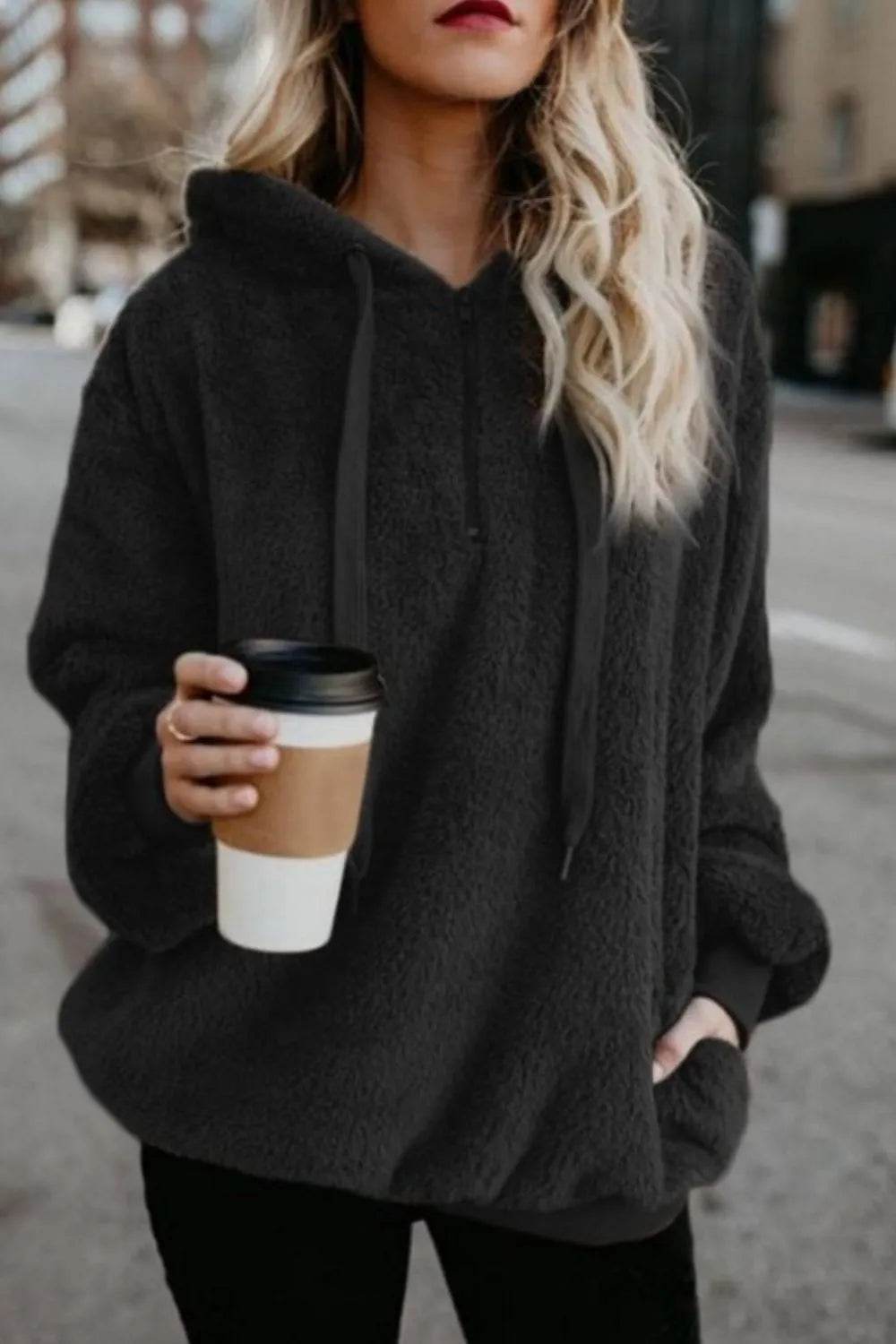 Full Size Quarter-Zip Drawstring Teddy Hoodie - Millivan supplies 