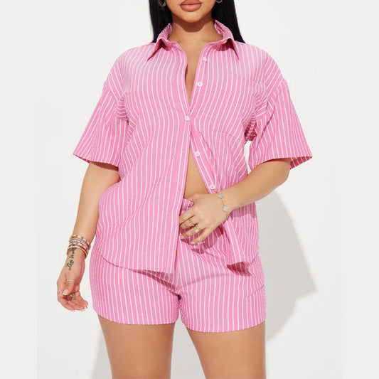 Women's Striped Lapel Short Sleeve Front Cardigan Button Elastic Shorts Suit