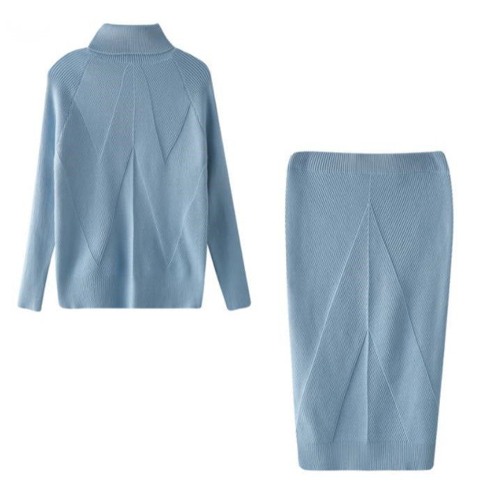 Light blue ribbed sweater and skirt set on a white background