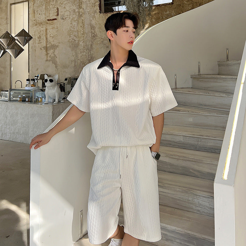 Men's Braided Embossed Lapel Short Sleeve Shorts Set