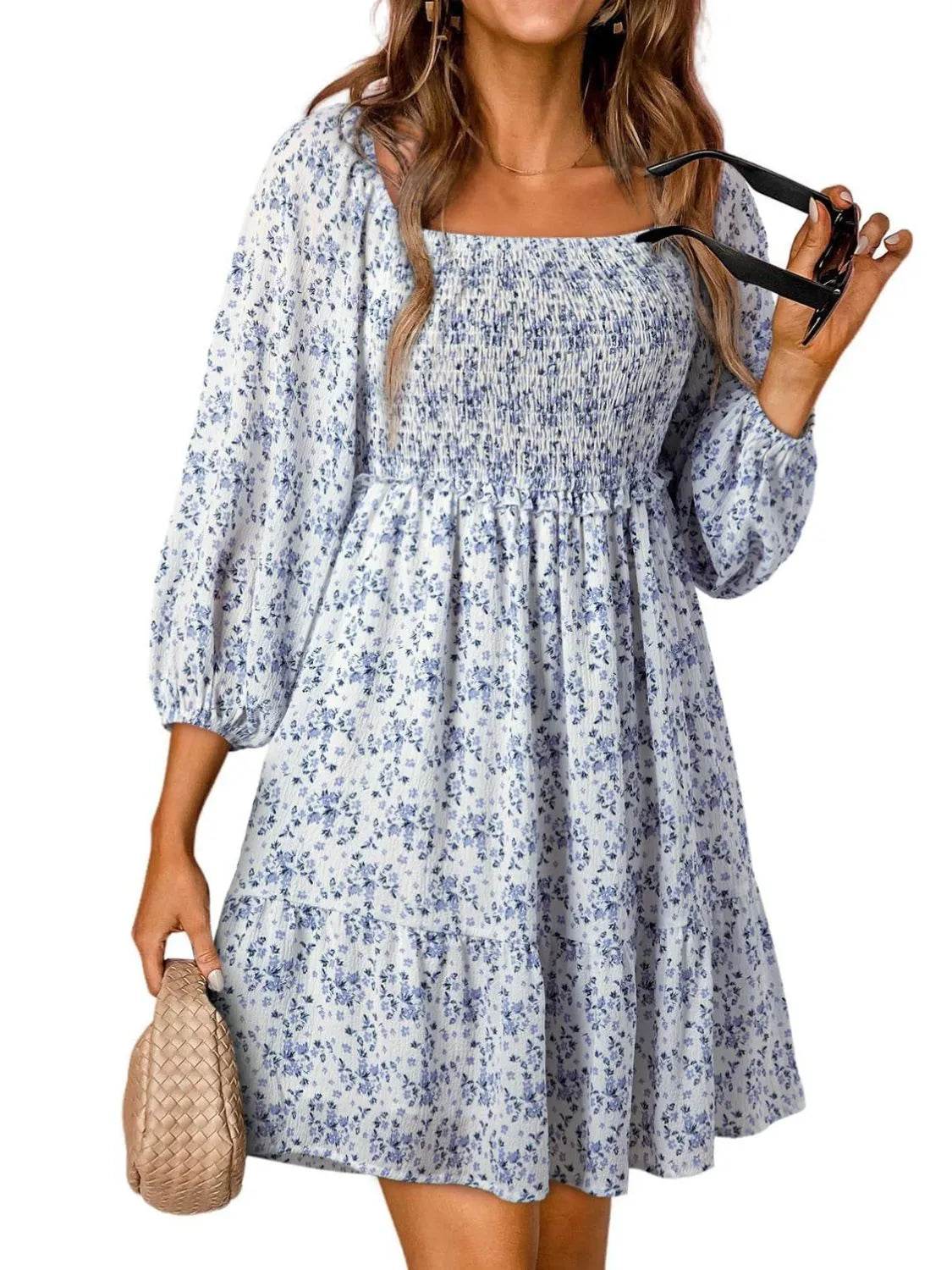 Smocked Floral Square Neck Dress - Millivan supplies 