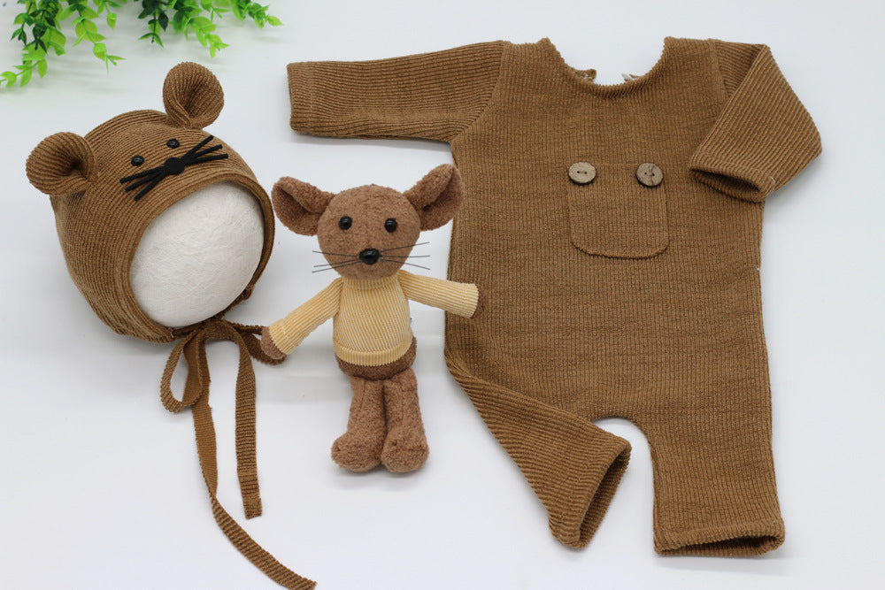 Three-piece Soft Knitted Jumpsuit, Hat, Doll And Mouse
