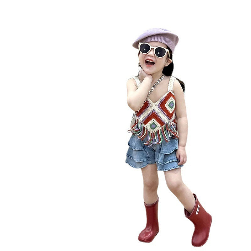 Girls' Hollow Knitted Short Tassel Camisole National Style Top Thin Cake Shorts Two-piece Set