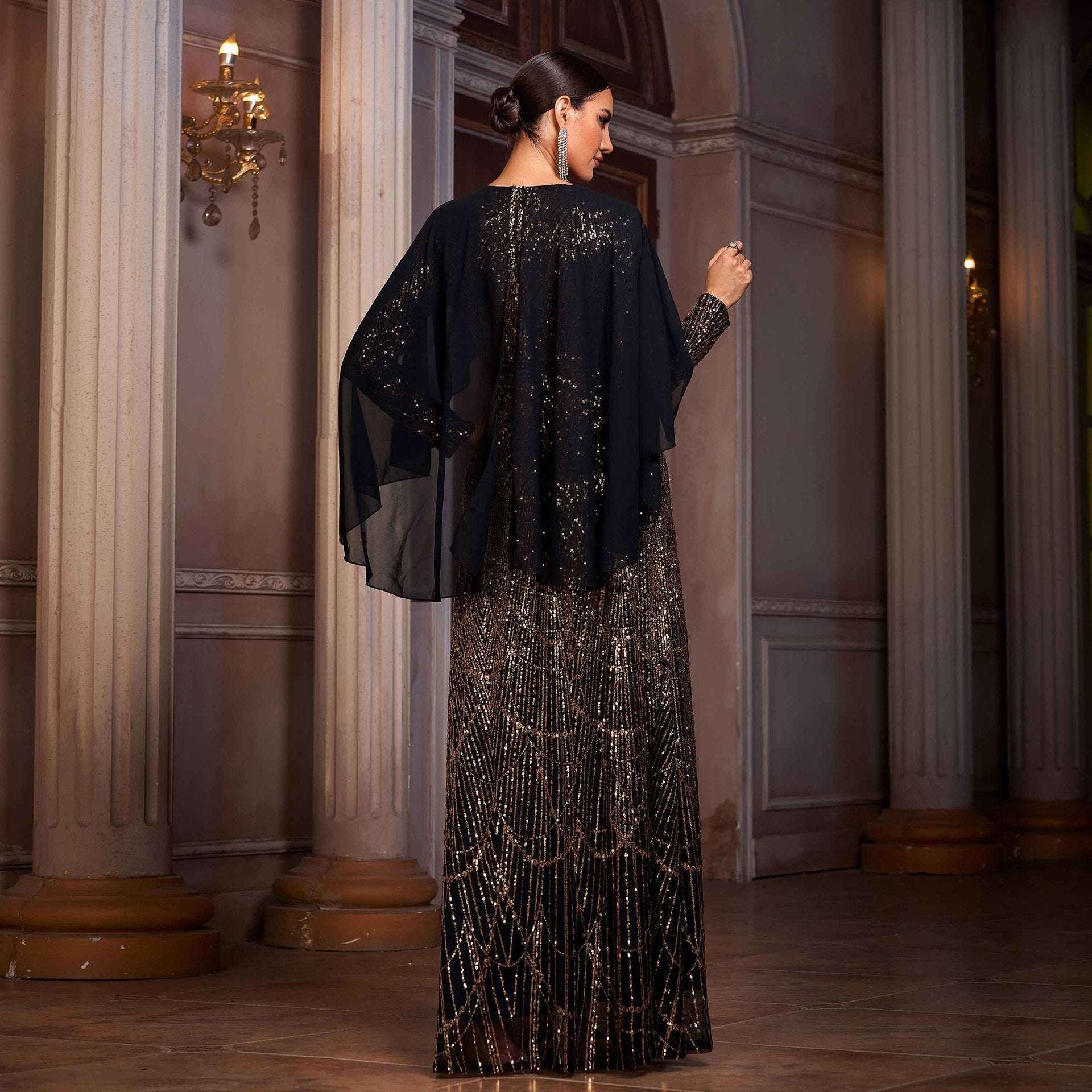 Women's Long-Sleeve Round-Neck Sequined High-Waist Maxi Evening Gown | Black Gold | S–XL