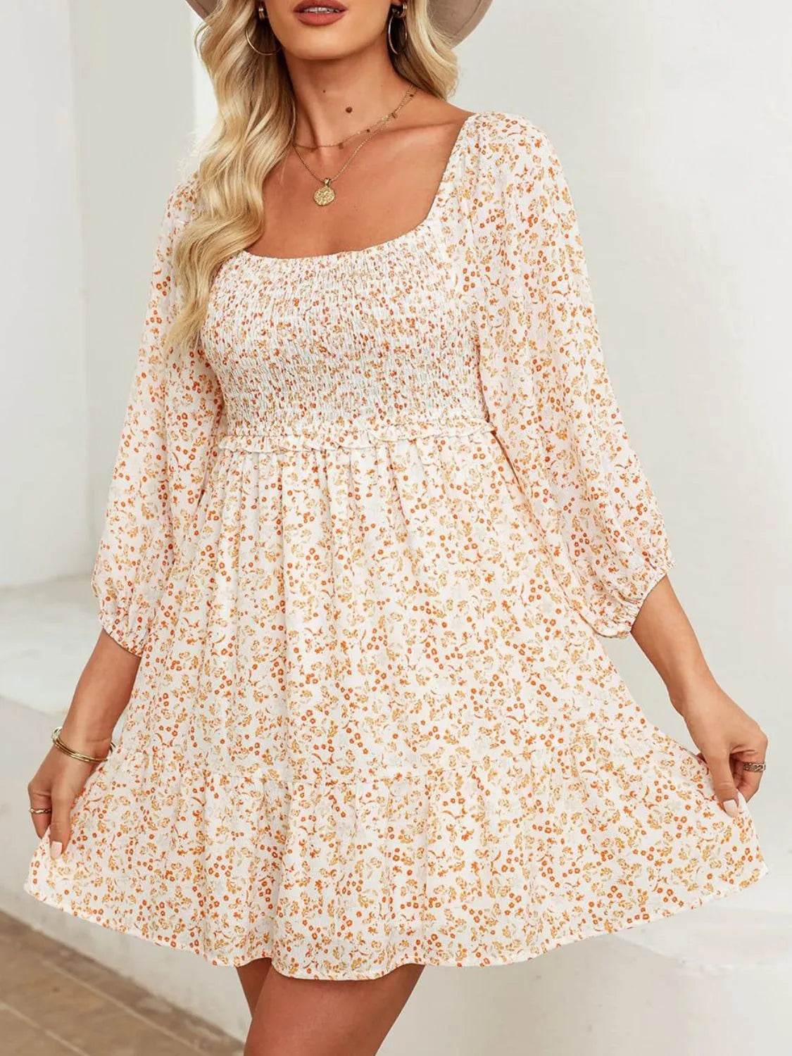 Smocked Floral Square Neck Dress - Millivan supplies 
