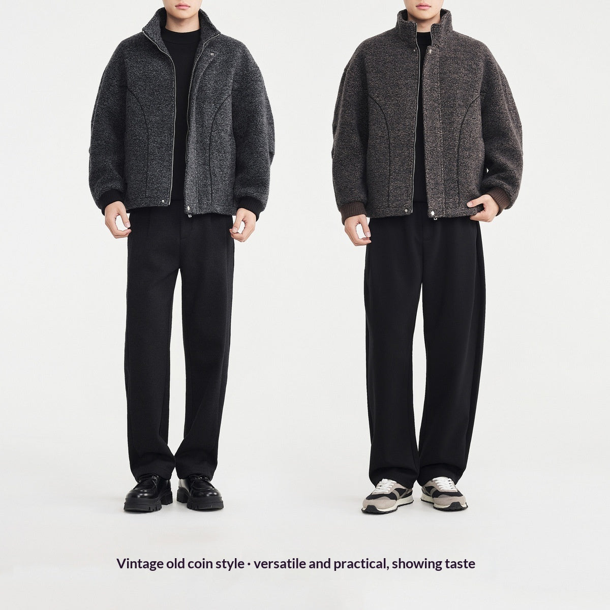 Two views of a person wearing a gray vintage-style jacket and black pants on a white background.