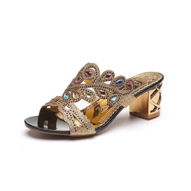 Summer Thick Heel Platform Fashion Printed Pearl Rhinestone Thin Sandals