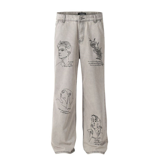 Men's Graffiti Print Loose Straight-Leg Denim Trousers | Light Gray | S–2XL