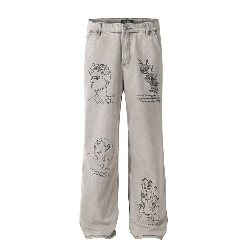 Men's Graffiti Print Loose Straight-Leg Denim Trousers | Light Gray | S–2XL
