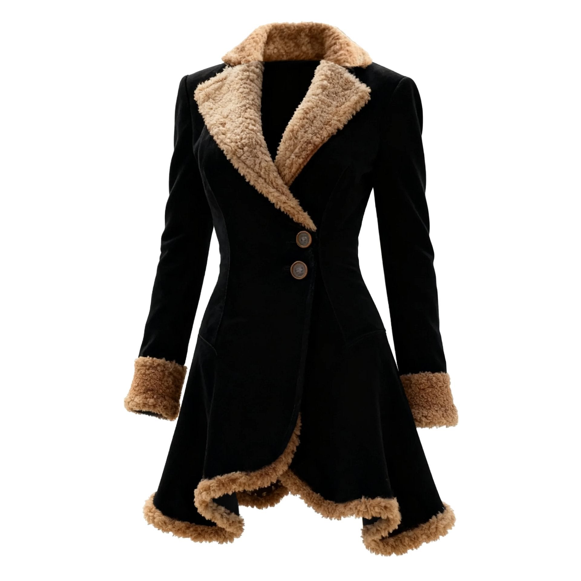 Black coat with brown fur trim on a white background